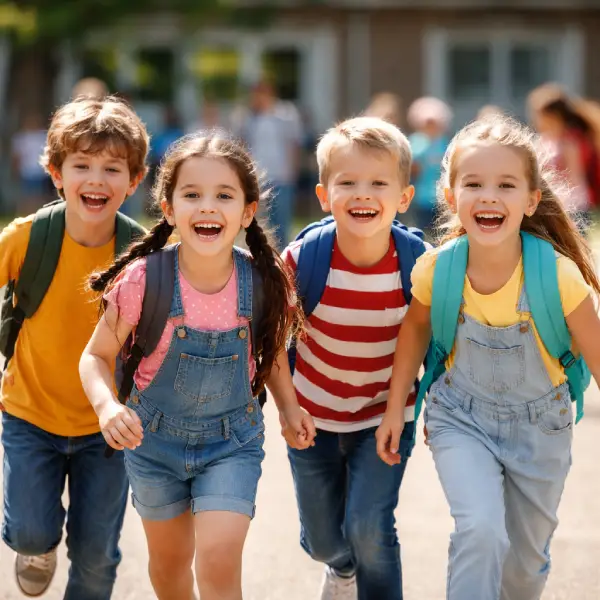 Quatre enfants dans la cour de l'école