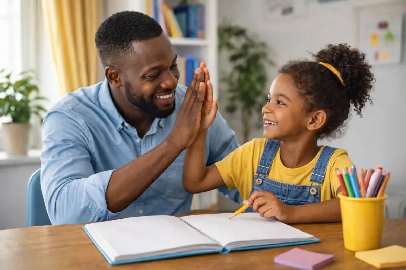 Un père qui félicite sa fille pour le travail accompli
