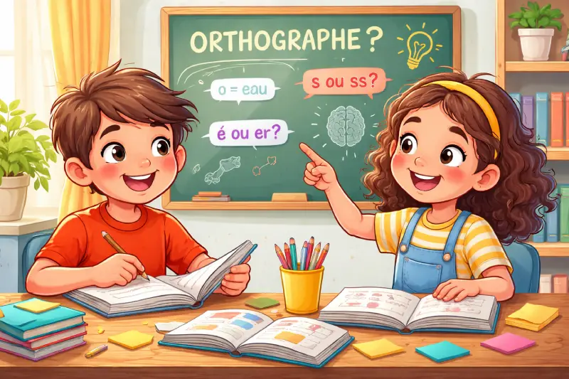 deux enfants apprennent l'orthographe dans la bonne humeur
