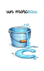 Un seau d'eau percé et de l'eau qui coule en forme de C