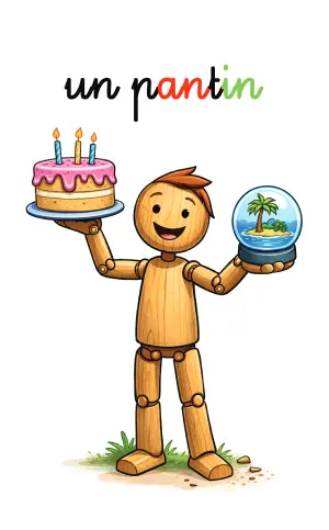 Un pantin tient à droite un gâteau d'anniversaire et à gauche une île.