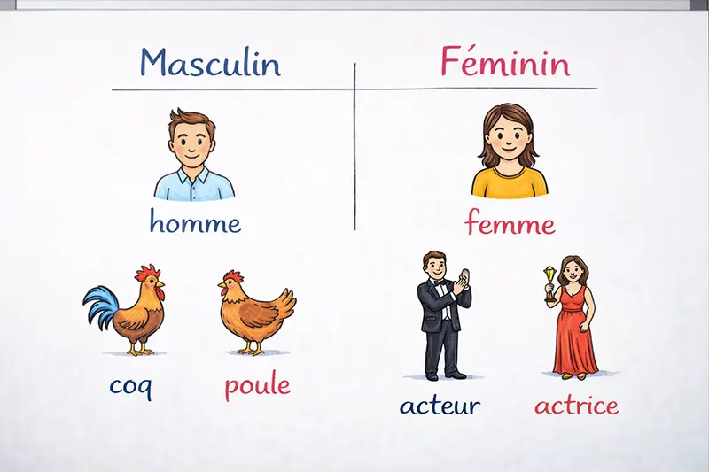 Le féminin des noms homme-femme, coq/poule, acteur/actrice