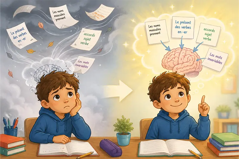 Illustration d’un enfant qui oublie puis mémorise des règles d’orthographe.