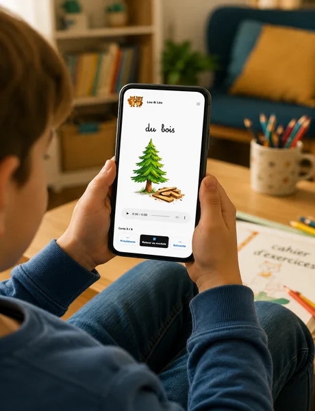 Enfant utilisant une carte interactive Lou & Léo pour apprendre l’orthographe en s’amusant