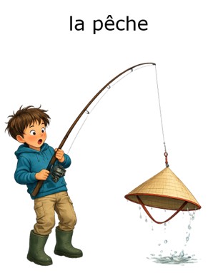carte qui raconte le mot pêche pour apprendre l'orthographe
